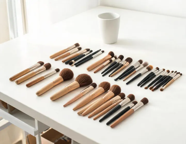 cosmetic brush set supplier on a cosmetics bench, illustration only